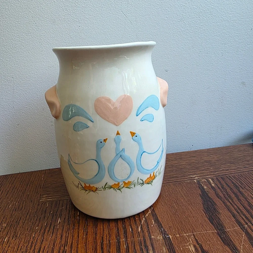 Vintage Handmade Ceramic Goose Crock Vase 80s 90s Kitchen Cottagecore Blue Pink
